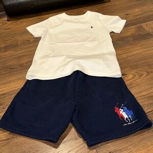 Classic white tee with navy pony set with red white and blue ponies on shorts